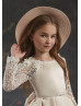 Long Sleeve Beaded Lace Satin Keyhole Back Flower Girl Dress